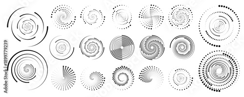 Collection of futuristic speed spirals with radial lines. PNG circles for abstract tech visuals. Ideal for layered digital graphics.