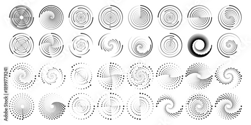Set of dynamic dotted circles with rotating halftone patterns. Vector spirals for tech design projects. Perfect for motion overlays. PNG