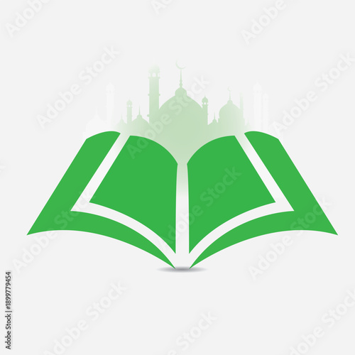 Open Green Book with Mosque Silhouette, Represents Religion, Islam, Faith, Spirituality, Holy Book