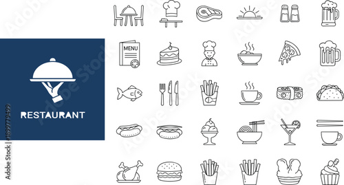Set of restaurant food line icons including burger, pizza, chef, sushi and drinks, vector illustration isolated on white background.