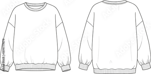 Casual sweatshirt front and back view, cozy winter fashion apparel design, unisex clothing template, modern streetwear concept, detailed cad drawing, flat vector illustration