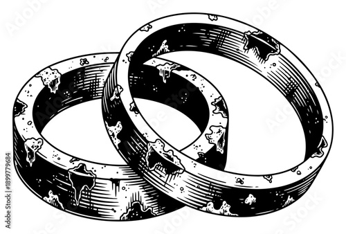 Vintage woodcut engraving of two interlocking worn rings with damaged surface textures