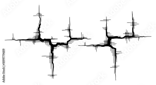 Abstract hand drawn ink crack with vertical structural lines and hatching detail
