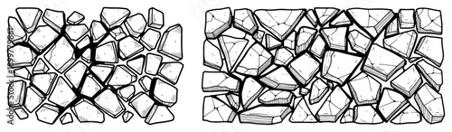 Hand drawn woodcut style illustration of broken stone fragments and rubble mosaic