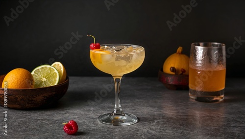 Cocktail With Fruit Garnish Displayed on a Dark Surface in a Bar Setting