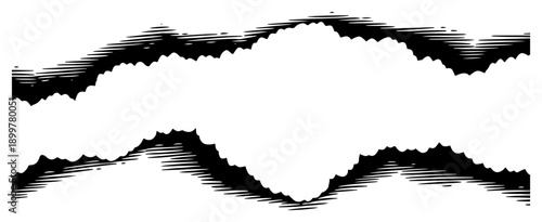 Abstract torn paper edges with ink hatching and central white copy space