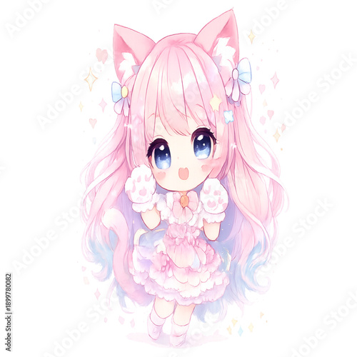Cute chibi neko girl in pastel outfit with sparkles