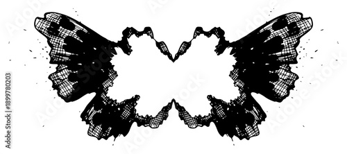Symmetrical butterfly rorschach ink blot with hatched texture and splatter details