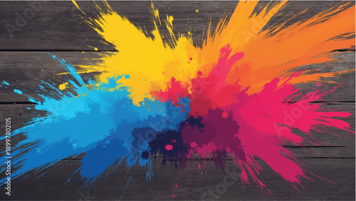 Paint splash on wooden background. Paint splatter on wooden board. Abstract colorful splash illustration. 