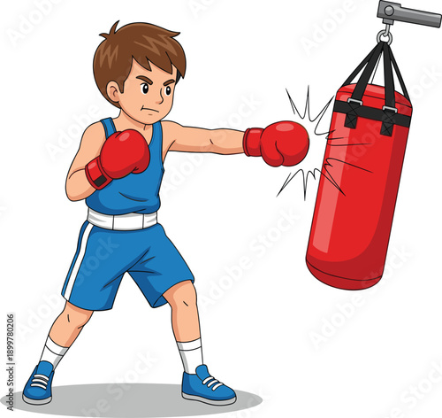Cartoon boxer punching red bag with motion burst, wearing blue athletic gear and gloves, fitness training, sport discipline vector illustration