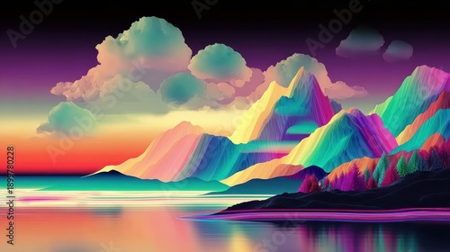 Generative AI illustration of abstract vivid desert landscape with mountains dunes sand in bright colors