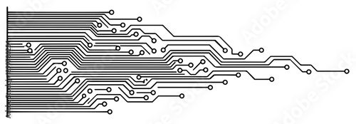 Minimalist monochrome illustration of electronic circuit board traces and nodes pattern