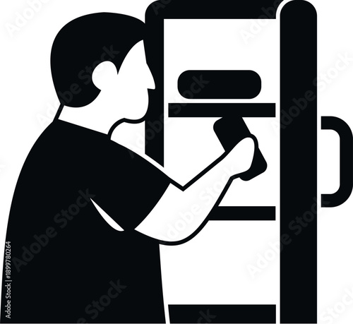 Man reaching into an open refrigerator, finding a snack or drink