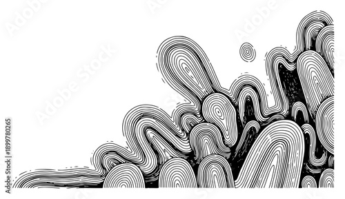 Abstract woodcut style illustration of organic flowing shapes with concentric line textures
