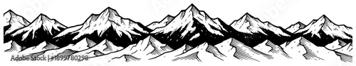Detailed woodcut style panoramic mountain range illustration with hand drawn hatching