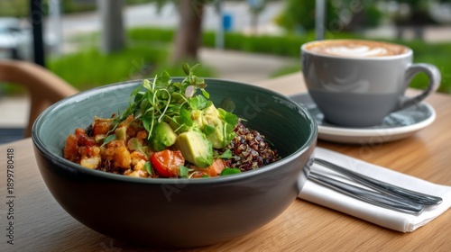 Delicious vegan bowl with avocado and quinoa cozy  setting food photography modern atmosphere close-up healthy eating concept