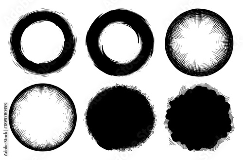 Collection of hand drawn circular ink brush strokes and hatched spheres in comic style