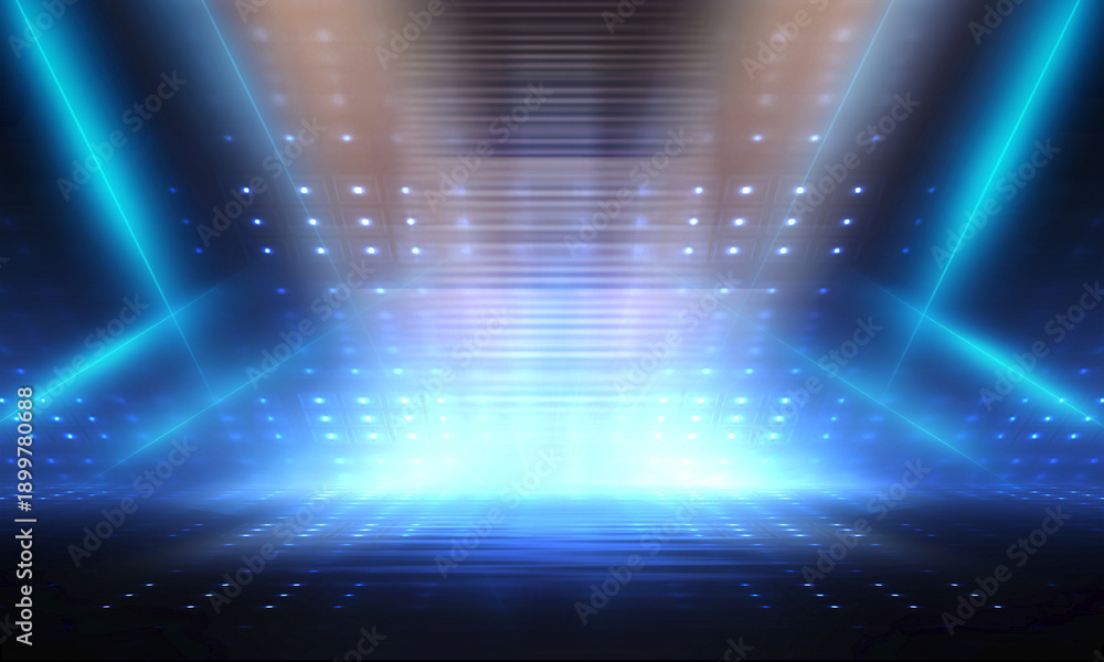 Fototapeta premium Futuristic scene of blue neon light beam shining with speed movement on dark blue background.