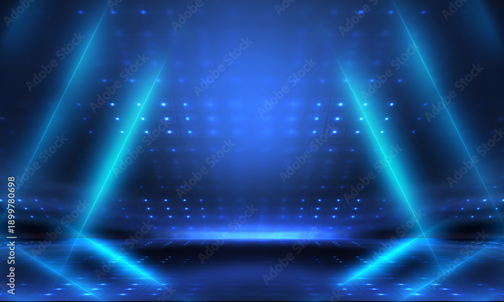 Fototapeta premium Futuristic scene of blue neon light beam shining with speed movement on dark blue background.