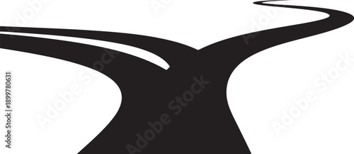 Black Road Forks into Two Paths on White Background