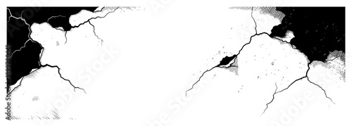 Jagged wall cracks and broken surface texture with ink shading and hatching
