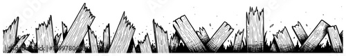 Hand drawn woodcut style illustration of broken and splintered wooden planks in a horizontal panorama layout