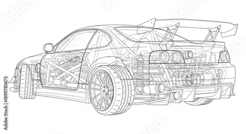 Detailed automotive blueprint schematic of a sports car.