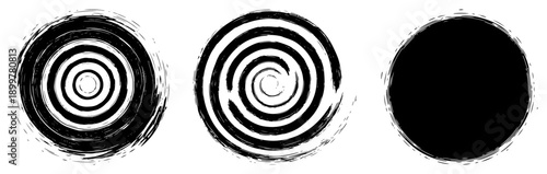 Set of hand drawn ink brush circles with spiral and concentric patterns in zen style