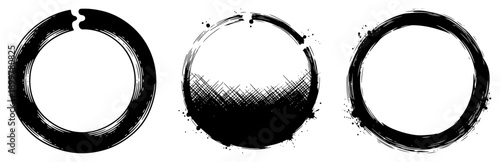 Set of decorative black ink circle frames with cross hatched shading and splatters