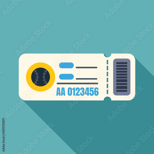Baseball ticket featuring a ball icon, serial number, and scannable barcode against a blue background