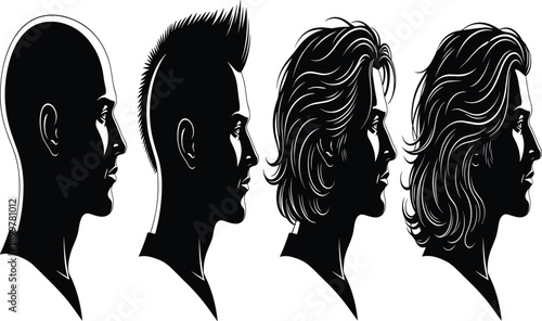 Male hair growth stages and hair loss transformation silhouette vector showing bald head mohawk hairstyle medium length and long wavy hair.