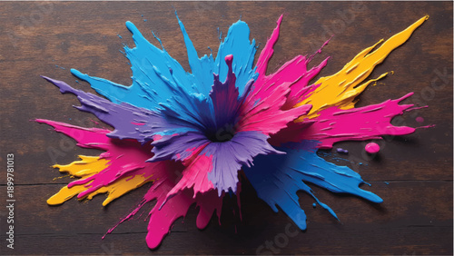 Paint splash on wooden background. Paint splatter on wooden board. Abstract colorful splash illustration. 