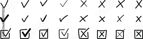  Hand drawn  Check the mark icon set .  Hand drawn brush stroke check mark with box .Check tick mark icon set. Vector illustration