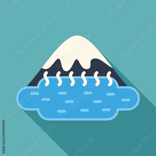 Snow capped mountain with hot spring lake releasing steam, flat design icon