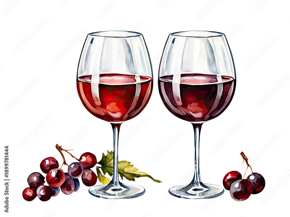 Obraz premium A still life composition featuring two glasses of wine and a bunch of grapes watercolor painting