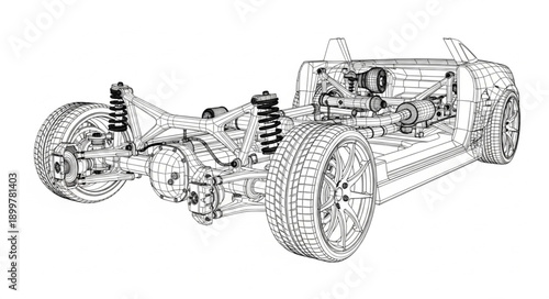 Detailed Automotive Chassis and Suspension System Blueprint.