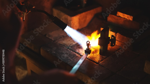 Cuadro en lienzo Professional jeweler melting precious metal with gas torch.