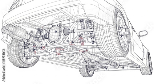 Detailed Automotive Chassis Engineering Blueprint Illustration.