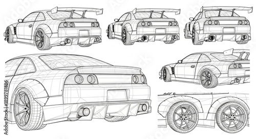 Detailed Automotive Design Sketches of Sports Cars.