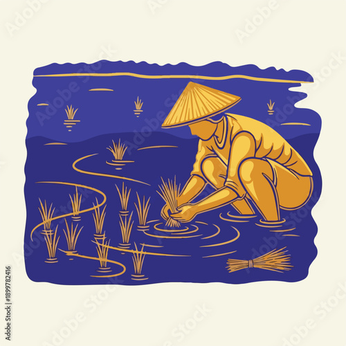 Farmer in traditional conical hat planting rice seedlings in a flooded paddy field, agricultural work