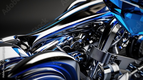 Close Up of Futuristic Motorcycle with Shiny Blue and Silver Metallic Finish