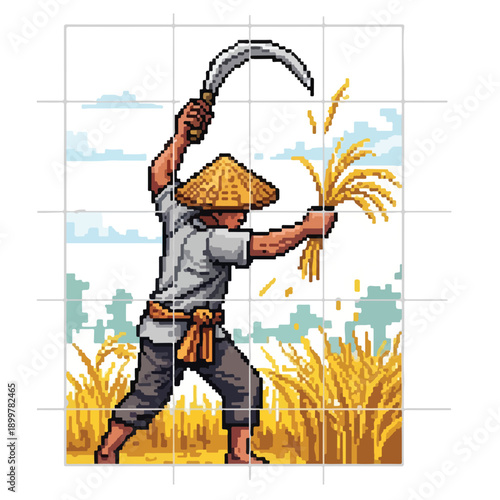 Pixel art farmer harvesting golden wheat with a sickle in a field under a blue sky with clouds