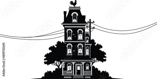 Haunted house silhouette with trees and power lines creating spooky gothic architecture scene symbolizing mystery, horror, and eerie atmosphere isolated on white background for stock illustration