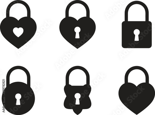 Silhouette Heart-Shaped Lock Icons Set. Security, Love, Valentine Vector Illustration