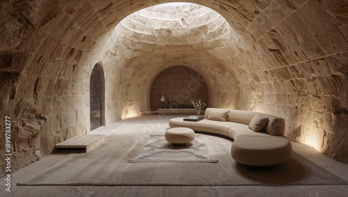 Modern Interior Space With Curved Sofa in Stone Room at Daylight