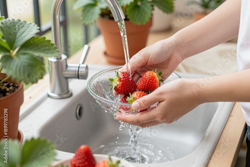 A man washes strawberries under running water