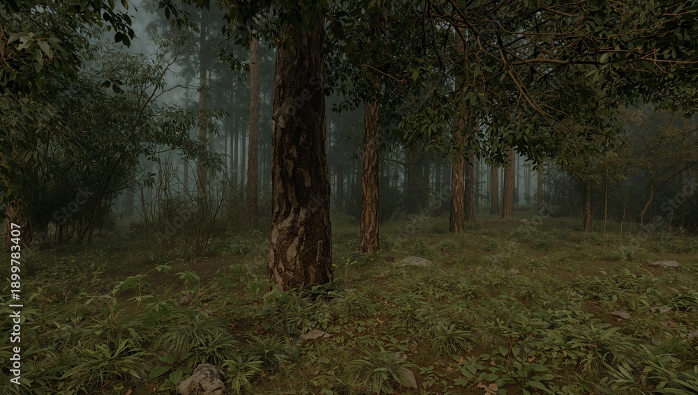 Naklejka premium Forest Scene With Tall Trees and Dense Foliage in Early Morning Fog Near a Hiking Trail