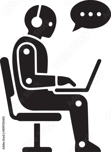 Person wearing headphones using a laptop with a speech bubble for online communication