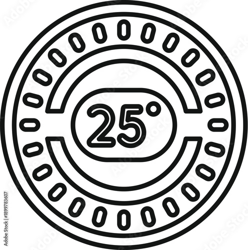 Round thermostat icon presenting 25 degrees for indoor climate control