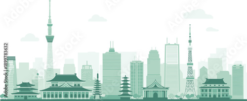 Tokyo Japan city skyline green flat vector illustration featuring famous landmarks oriental temples towers and modern urban buildings on white background